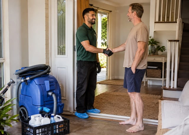 Homeowner thanking the Carpet Revive technician after a completed carpet clean